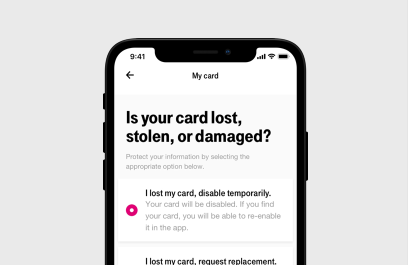 Phone with T-Mobile MONEY app open to a screen that reads 'Is your card lost, stolen, or damaged?'